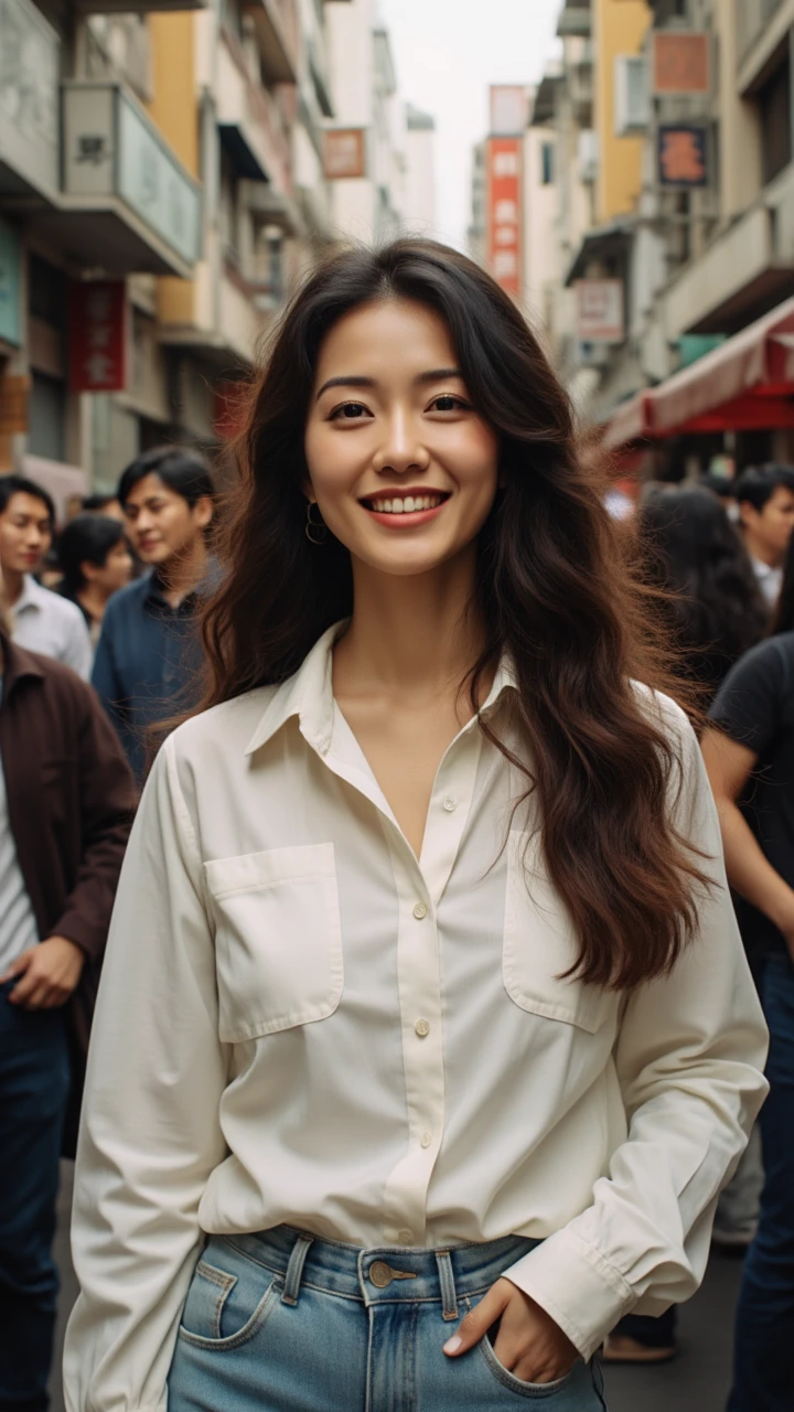 A woman with long hair and a white shirt is standing in a crowded area with a smile on her face.