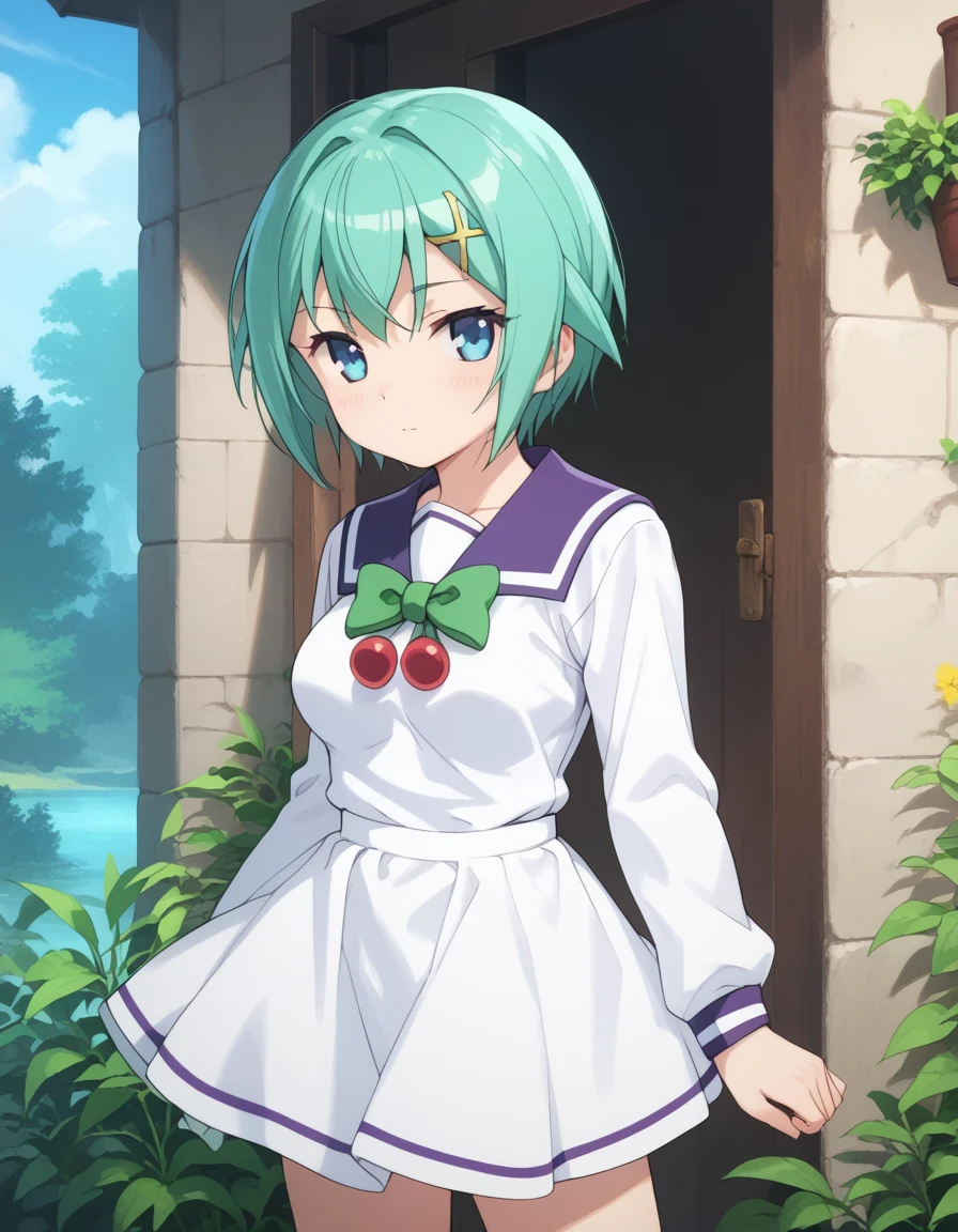 nine_violet, short hair, blue eyes, green hair, aqua eyes, medium breasts, aqua hair, hair ornament
school uniform, white dress, green bow, serafuku, ribbon, 
<lora:nine_violet_pony_v1:1>, 
standing, dybamic pose
closed mouth, blush,expressionless
looking at viewer,(cowboy shot,:1.3),
outdoors,, score_9, score_8_up, score_7_up, BREAK source_anime, best quality, masterpiece,very aesthetic, zPDXL2,official art,detailed_eyes,1girl, solo,