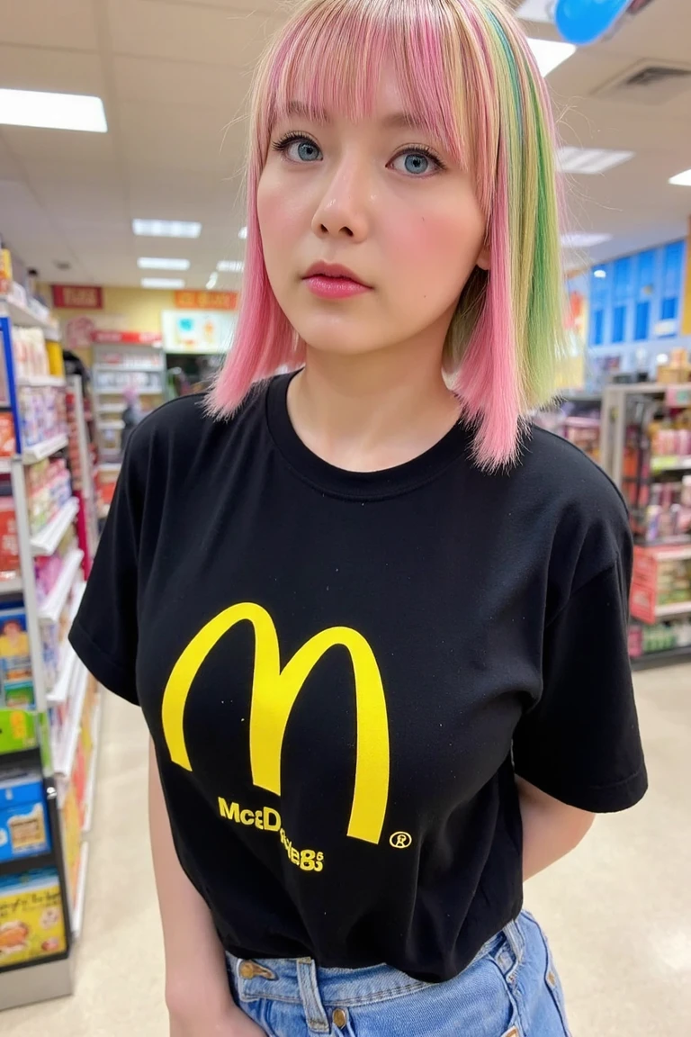 a photo of a Emo woman with pink  and green long hair and blue colored eye contacts wearing a black t-shirt with a mcdonalds logo on it and jeans in a japanese convenience store
 <lora:KahoFlux:1>