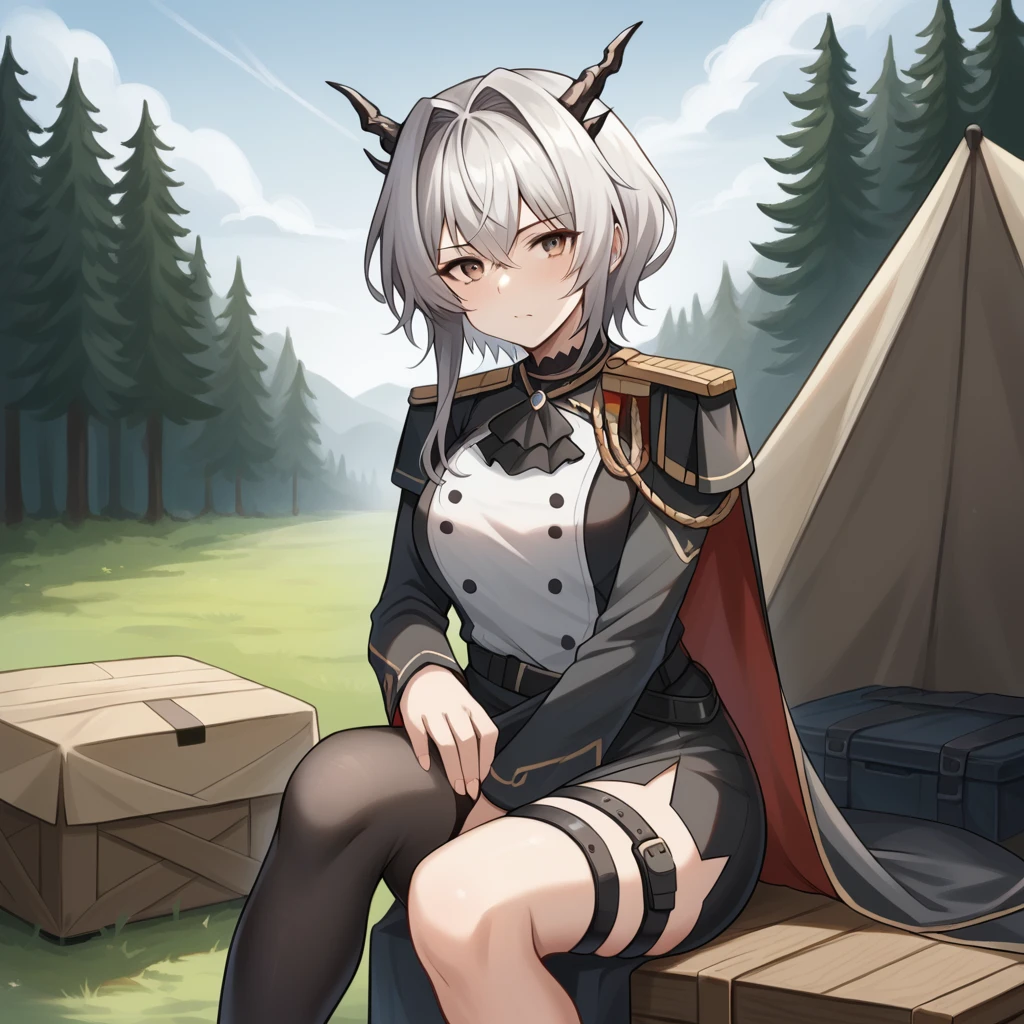 score_9_up, score_8_up, score_7_up, source_anime, masterpiece, best quality, 1girl, solo, Talulah_Ark, Tal_Alt, cloudy sky, smoke, military camp, tents, sitting on crate, holding canteen, bend knee, hugging own knee, emotionless tired, looking at you, grey hair, dragon horns, dragon tail, frilled necktie, double breasted, two-tone shirt, long sleeves, black sleeves, epaulettes, black cape, pencil skirt, belt, thigh strap, black thighhighs, single thighhigh, single glove, fingerless gloves, asymmetrical legwear, mature body, dynamic cowboy shot, outdoors, burnt forest battlefield background