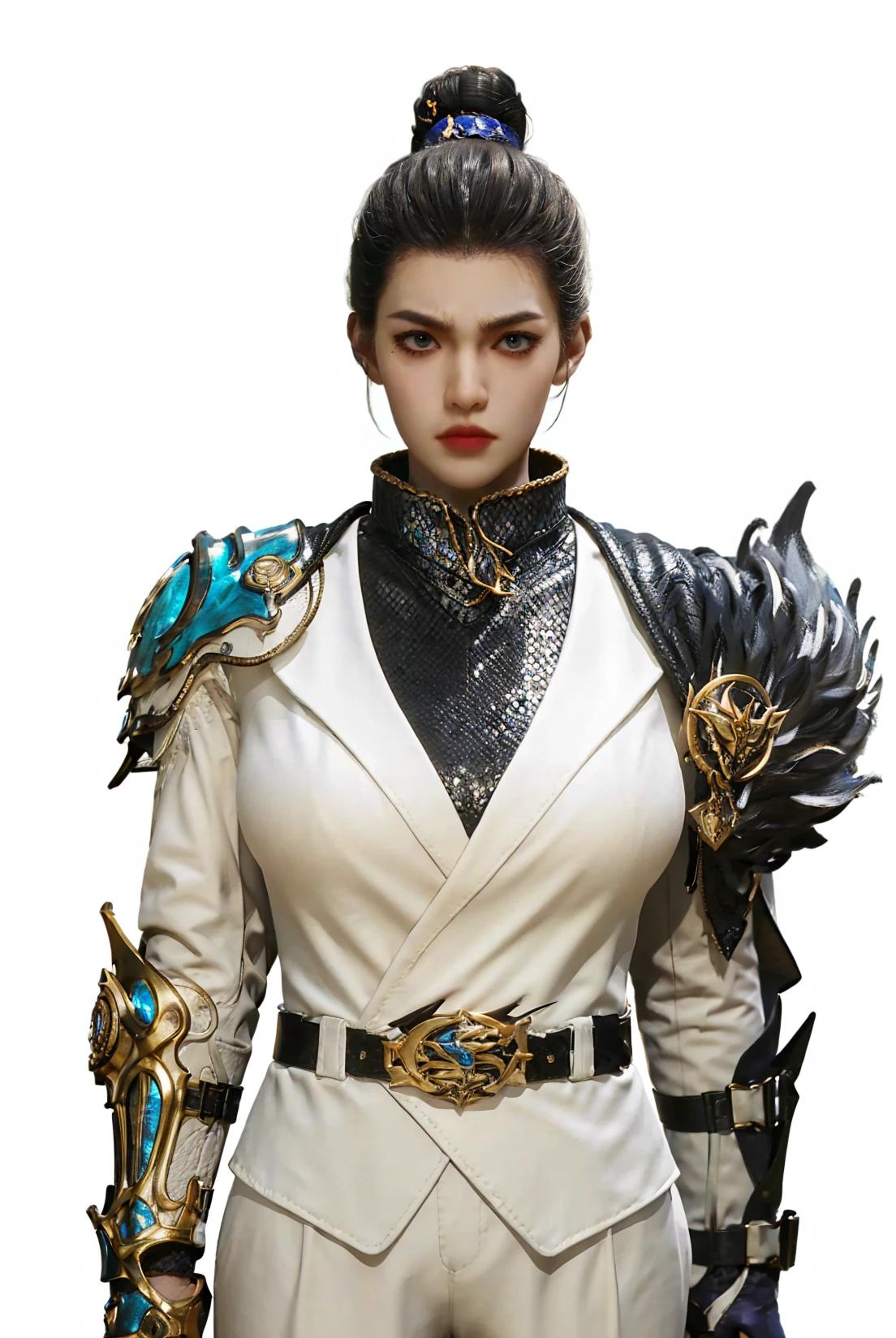 1girl,solo,big eyes,forehead,red lips,serious,angry,black hair,(single hair bun),hair ornament,jewelry,suit,long sleeves,(cape),chainmail,(armor:1.2),(arm armor:1.2),shoulder armor,plume,belt,pants,(looking at viewer),(stare),(portrait:1.1),(white background),3d,game cg,(Cinematic Lighting),(skin gloss),(perfect skin),Highly detailed,(ultra-detailed),hatching \(texture\),(8k,best quality,huge filesize,masterpiece:1.5),<lora:斗罗大陆2-仙琳儿:0.65>