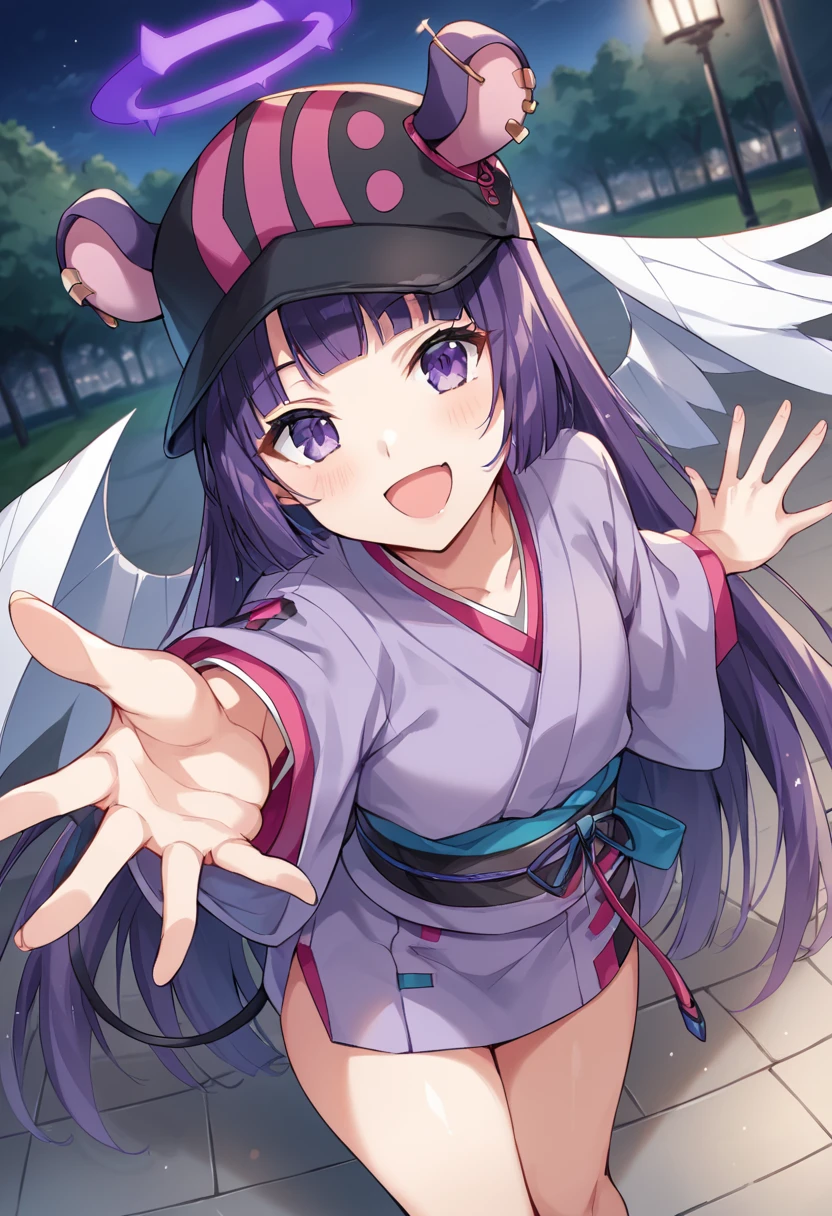 score_9,score_8_up,score_7_up,source_anime,masterpiece,best quality,game cg,1girl,solo,little_girl,shimmakk_(show_by_rock!!),purple halo,purple eyes,purple hair,long hair,blunt bangs,ear piercing,animal ears,wings,tail,black headwear,baseball cap,(purple kimono:1.2),(kimono:1.1),thighs,<lora:shimmakkSB69:0.9>,(leg_up:1.1),cowboy_shot,looking_at_viewer,night,dynamic_angle,standing,kind_smile,leaning_forward,reaching,open mouth,park,from_above,