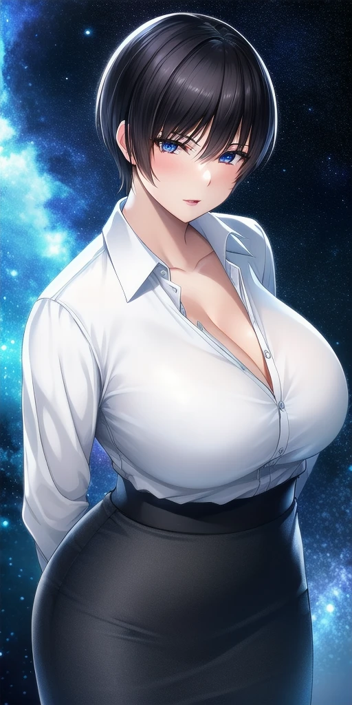 <lora:KaoruMizutaniV4:0.7> kaoru_mizutani, huge_breasts, standing, solo, arms_behind_back, starry_sky, pencil_skirt, dress_shirt, black_skirt, white_shirt,, masterpiece, best_quality, detailed_face, detailed_eyes, highres, beautiful, detailed, absurdres,