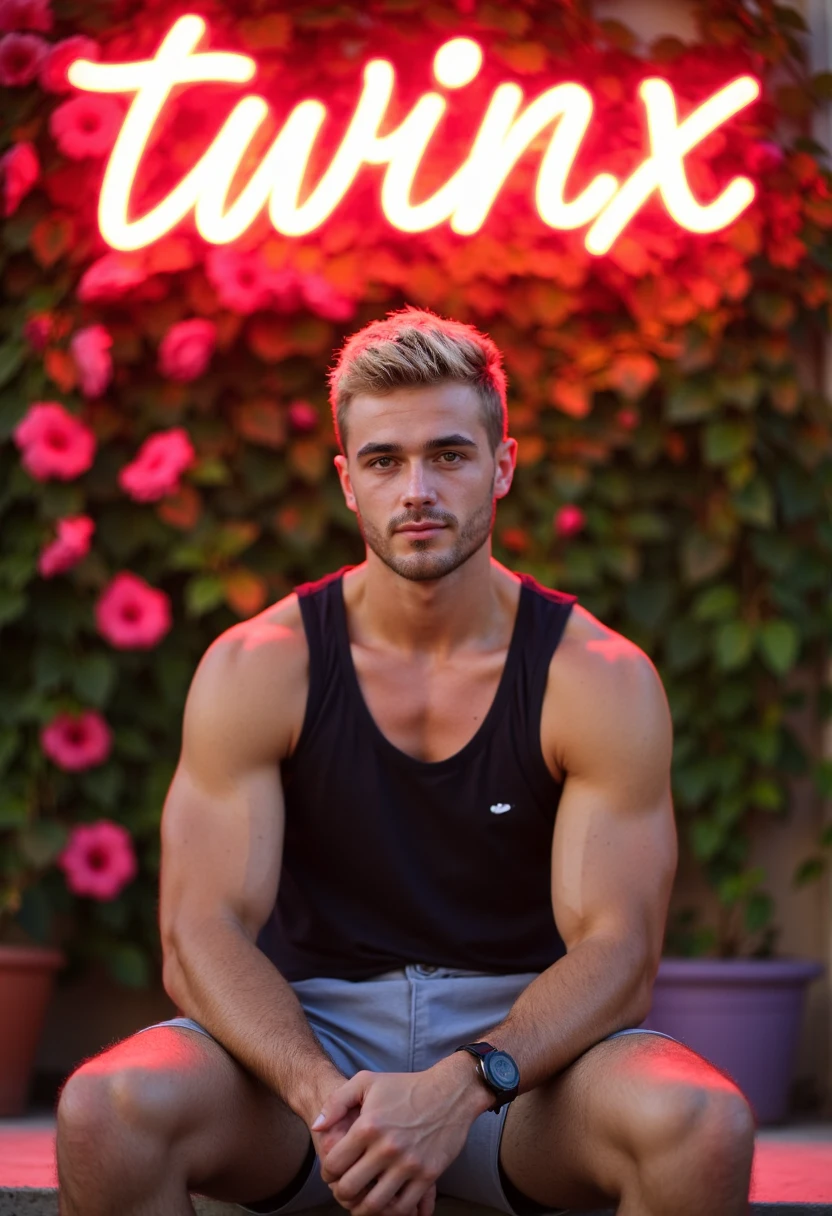 a full frontal view photo of a athletic man with olive skin in his late twenties sitting on a flowery terrace at golden hour. He is wearing shorts and tank top. The man has short blond hair and has a neutral expression. The setting is outdoors, with a peaceful and aesthetic atmosphere. Behind the man and slightly above is a neon sign with the text "twinx" in a cool cursive font.
<lora:Flux\twinx_v1>