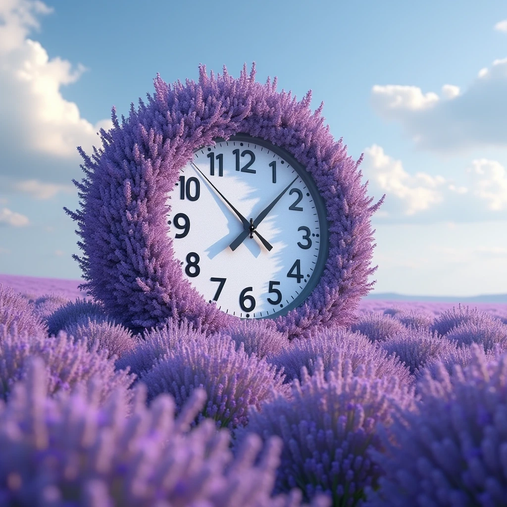 A giant clock in the middle of a field of lavender, melting in Geopression style