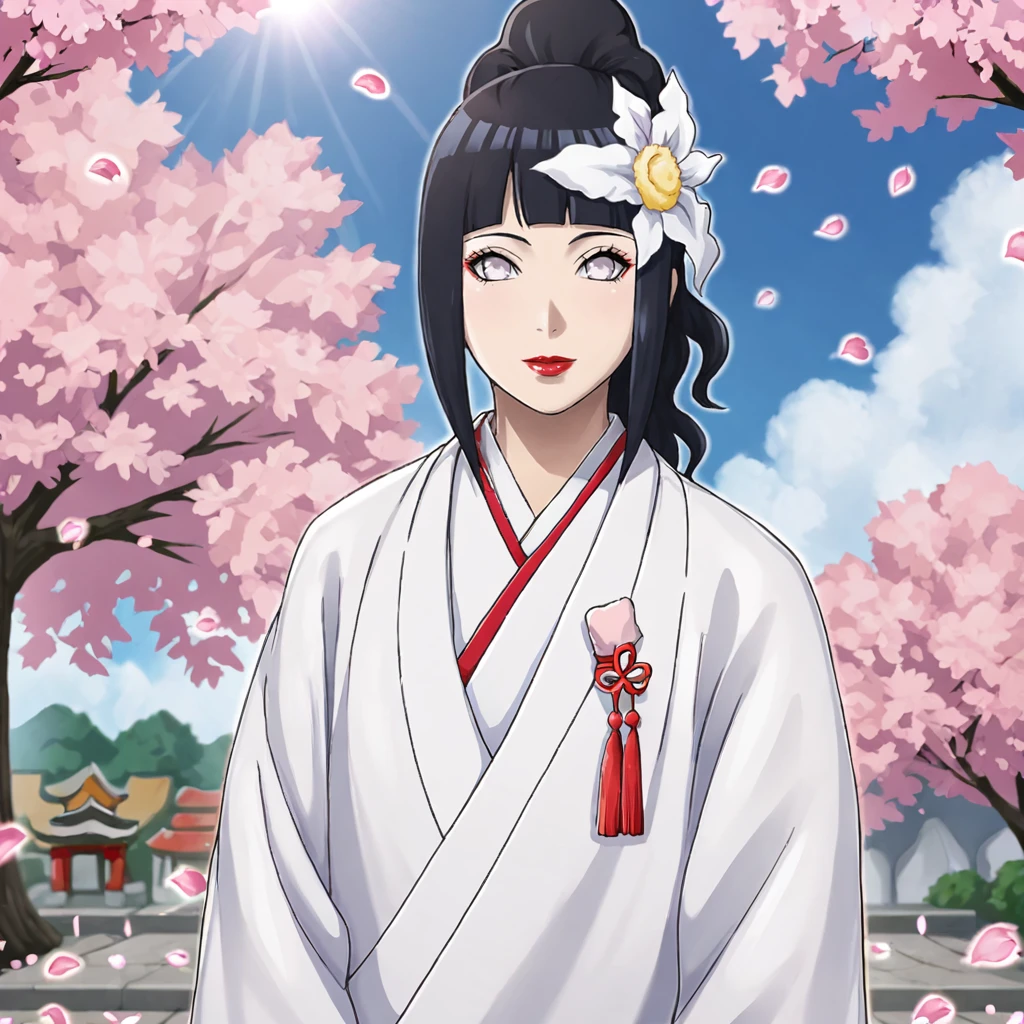 <lora:hinata_pony_v1:.8> HinataWedding, 1girl, japanese clothes, black hair, hyuuga hinata, hair ornament, uchikake, kimono, hair flower, cherry blossoms, lipstick, petals, red lips, makeup,cowboy shot