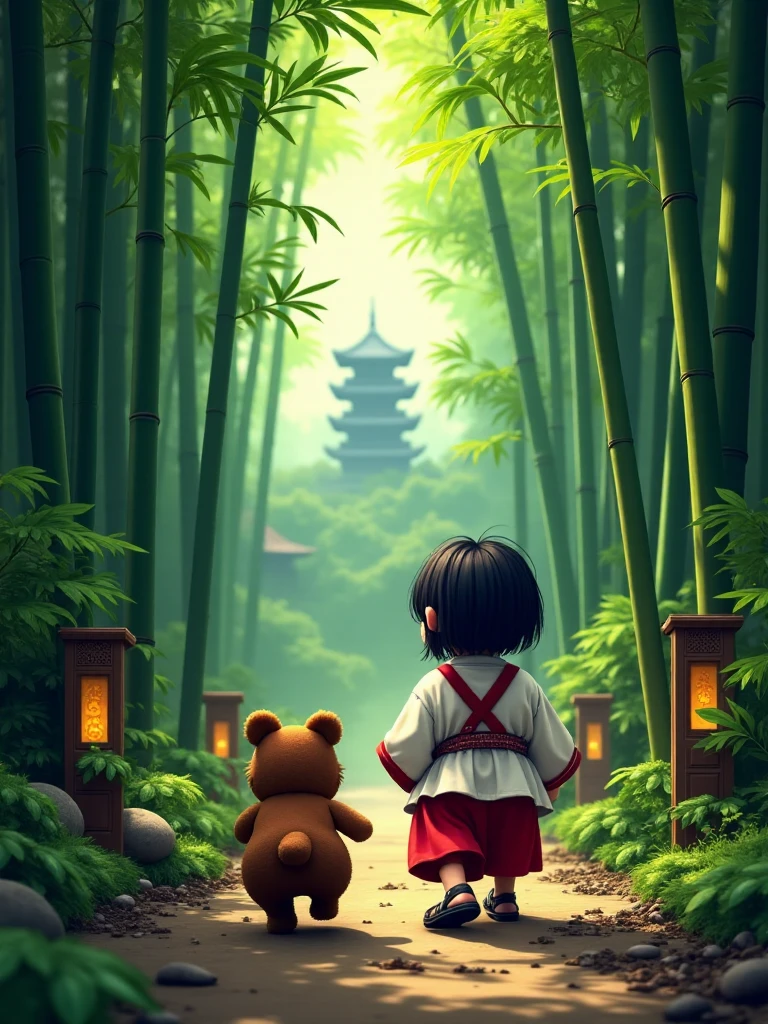 hyperrealistic art <lora:Pocky_and_Rocky_-_SNES_-_Characters:0.8>PockySNES_and_RockySNES, 1girl, 1raccoon_dog, black hair, brown fur, white robe, baggy red pants, sandals, feet, socks, Journeying through a mystical bamboo forest, with ancient shrines hidden among the towering stalks. PockySNES leads the way, her gohei glowing with a soft light that illuminates the path. RockySNES scampers alongside, using his keen senses to detect any lurking dangers. Together, they navigate the serene yet perilous landscape, ready for whatever challenges lie ahead, there's a large pagoda in the distance, hazy, from behind, third person view, viewed from behind,  . extremely high-resolution details, photographic, realism pushed to extreme, fine texture, incredibly lifelike