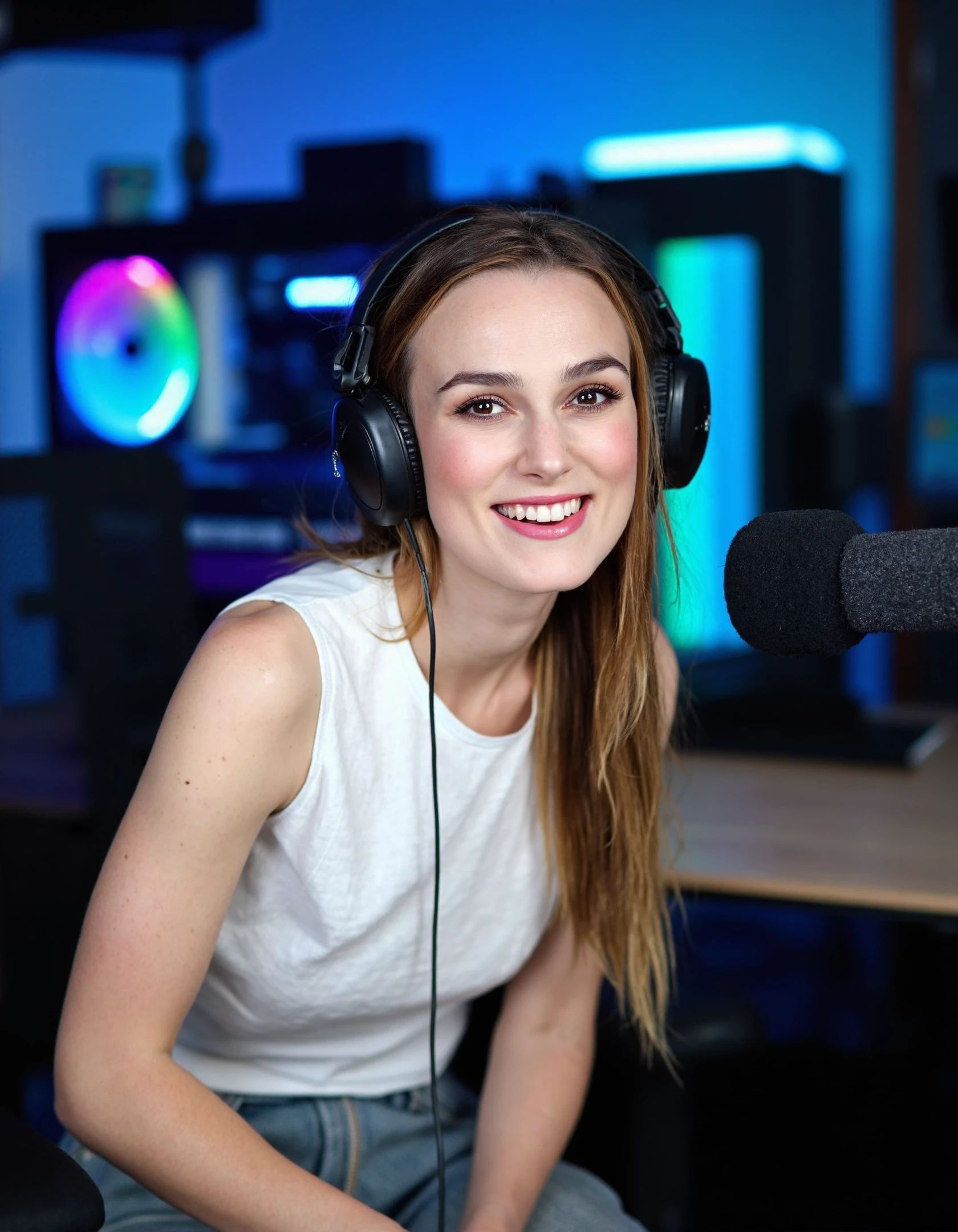 a woman  keira knightley with long, a bright, cheerful smile sits confidently at her desk in a modern, high-tech streaming setup. Sheâs wearing a white sleeveless t-shirt that contrasts beautifully with the cool blue lighting of the room. Large, high-quality headphones rest on her head, and she leans slightly towards a professional microphone, suggesting sheâs in the middle of a live stream or recording a podcast. Behind her, a powerful gaming PC with colorful RGB lighting adds to the futuristic ambiance of the scene. Her eyes are focused, yet thereâs a warmth in her expression, making her appear approachable and engaging. The overall atmosphere is one of positivity, creativity, and enthusiasm, perfectly capturing the essence of a content creator in her element. <lora:keira_knightley_r8_1600_flux_lora_v1_000002600:1>