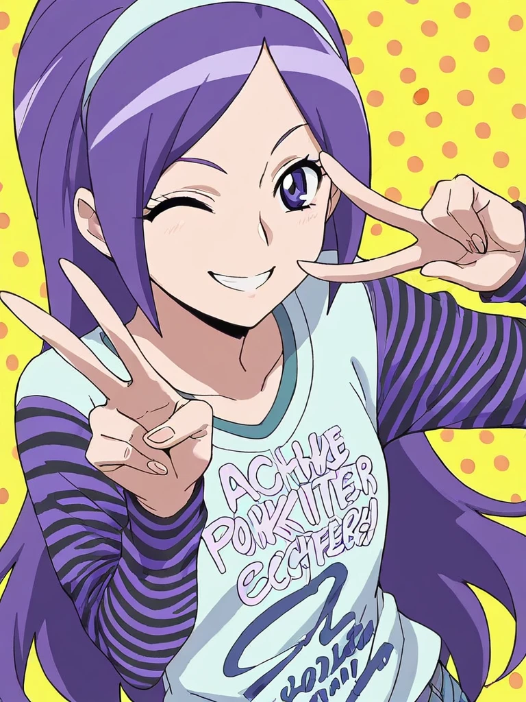 score_9, score_8_up, score_7_up, 
1girl, aono miki, long hair, purple hair, purple eyes, white hairband, 

smile, looking at viewer, wink, v

polka dot background, yellow background,

t-shirt, long sleeves, striped sleeves, clothes writing, jeans, 