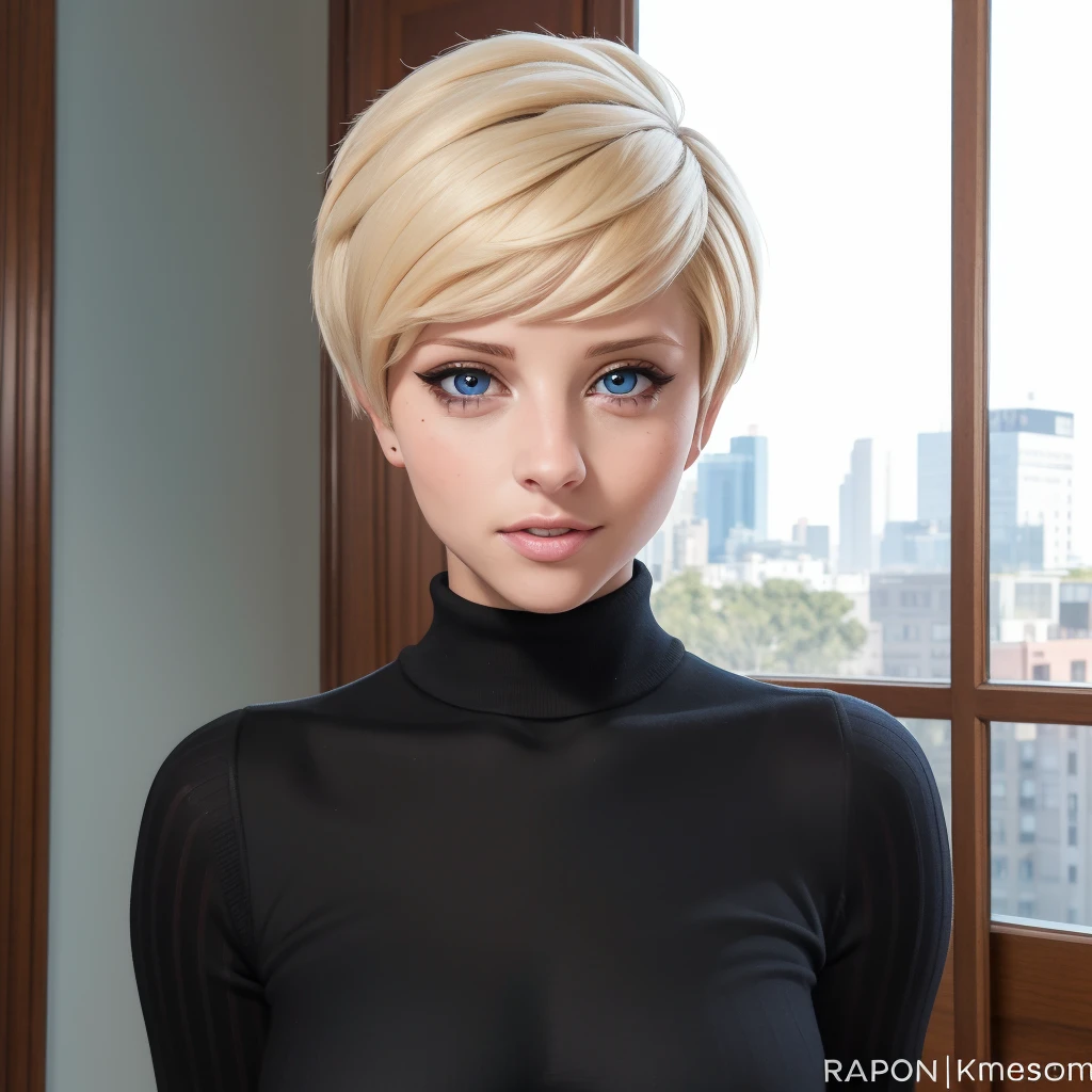 Best_QualityPos, RAW photo, intricate details, best quality, 8k uhd, soft lighting, 1girl, solo, makenna, short hair, blonde hair, blue eyes, black turtleneck sweater <lora:Makenna_Blue:0.7>