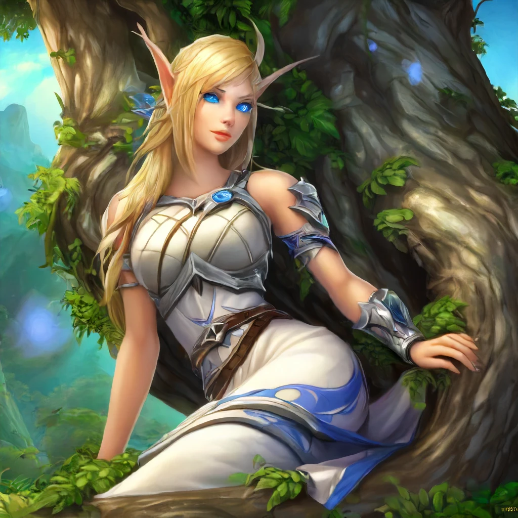 1girl, Alleria  <lora:Alleria SDXL:.7>, reclining on tree, blonde hair, blue eye mark, best quality