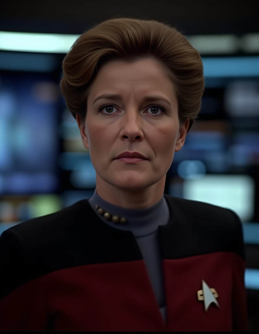 breathtaking  of  <lora:janeway-flux:0.8>  captain, kathryn, janeway, star, trek, voyager, with, shirt, uniform, starfleet uniform,40 years old  woman, futuristic background, space-themed imagery, detailed skin texture, (blush:0.5), (goosebumps:0.5), subsurface scattering, RAW candid cinema, 16mm, color graded portra 400 film, remarkable color, ultra realistic, textured skin, remarkable detailed pupils, realistic dull skin noise, visible skin detail, skin fuzz, dry skin, shot with cinematic camera