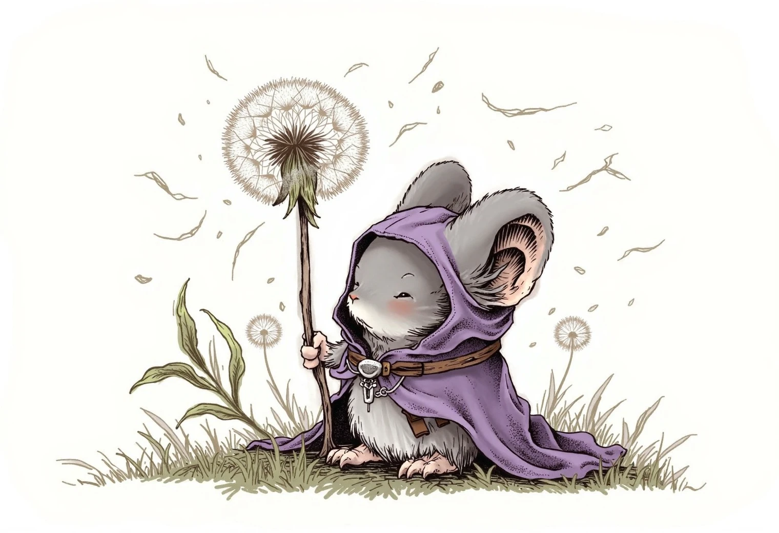 Hand drawn illustration of a grey mouseguard mouse wearing a purple hooded cloak, sitting up against a blooming dandelion