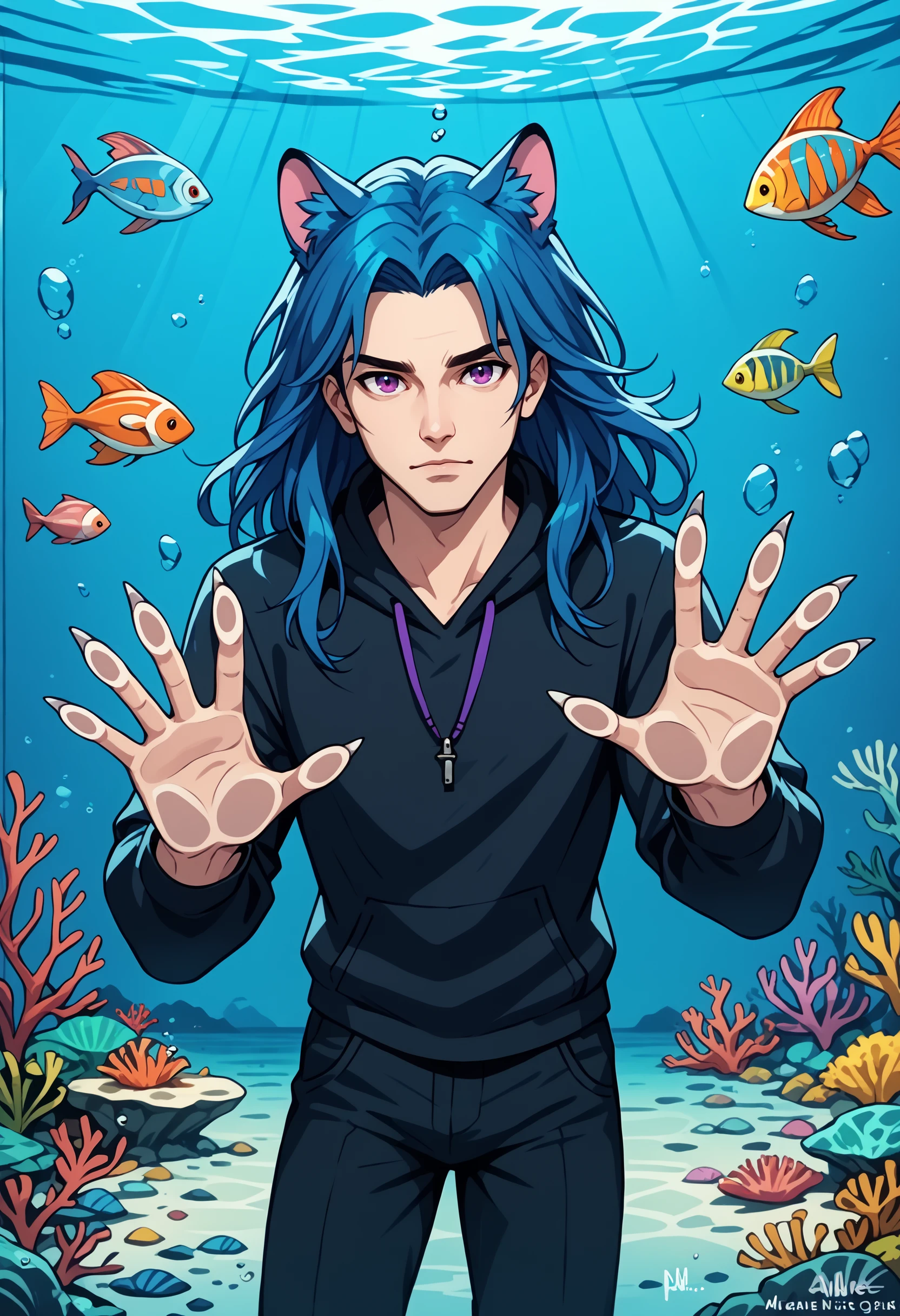 highres, absurdres, solo, male focus, long hair, looking at viewer, blue hair, claws, 1boy, animal ears, purple eyes, underwater, electric wires, ocean vibes, against glass, straight on, aquarium, ocean vibes, soft light, extremely detailed, Ultra-HD , BREAK PonyXLV6_Scores