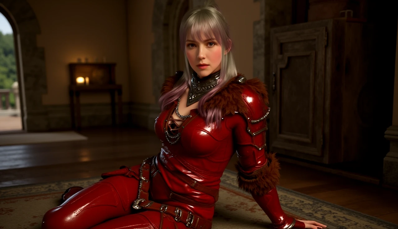 young woman, (exclaire), in red armor suit, sitting in tavern on floor, on carpet, looking at viewer, dynamic light,