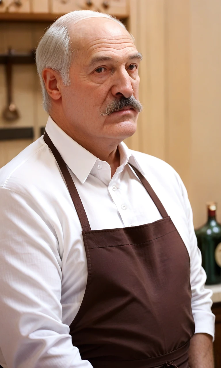 from front,upper body,looking_at_viewer,solo,(detailed face),solo,score_9, score_8_up, score_7_up, 1boy,lukashenko,grey-hair,moustache,solo,old,old man,aged_up,w,brown apron,white shirt,indoor,on bar