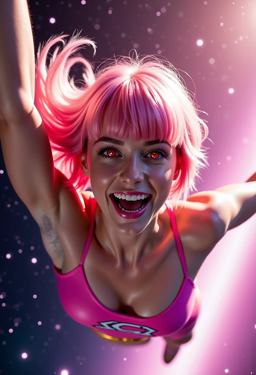 1girl, NSFW, NUDE, NAKED, score_9, score_8_up, score_7_up, score_6_up, detailed, ultrarealistic, upper body portrait. Volumetric lighting. Alexa having fun. (Pink hair:1.4), (Her hairstyle is a perfect layered side-cut fringe bob with sideswept bangs:1.4). Glowing Pink eyes. She is supergirl-flying through the vacuum of space towards the camera. Left arm stretched overhead. Looking overhead. Supergirl flying pose. Big wide toothy laugh.