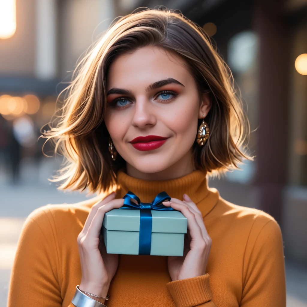 <lora:4mb3rf_47PN-000009:0.9>, a vintage photograph of 21 year old beautiful(4mb3rf woman:1.2),walking in a quaint european village square,wearing (clay orange knit sweater:1.2) with (cedar brown pants),wearing diamond earrings and bracelet,holding a wrapped gift box,surrounded by (shops with festive window displays:1.3),long brown hair,jewelry,lipstick,makeup and eyeshadow,(upper body),(medium close up shot:1.2),(face focus),shallow depth of field,vignette,highly detailed,high budget,bokeh,cinemascope,moody,epic,gorgeous,film grain,grainy,volumetric lighting, emotional, harmonious, score_9,score_8_up,score_7_up, source_photo, Photorealistic, Hyperrealistic, Hyperdetailed, analog style, soft lighting, subsurface scattering, realistic, heavy shadow, masterpiece, best quality, ultra realistic, 8k, golden ratio, Intricate, High Detail, film photography, soft focus