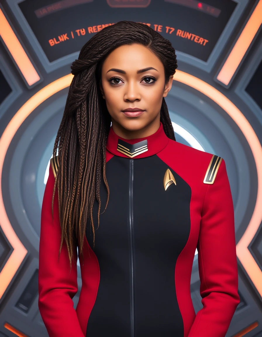 <lora:burnham-flux:1> captain, michael, burnham, startrek, discovery, woman, with, shirt, uniform, starfleet red discovery uniform, futuristic background, space-themed imagery