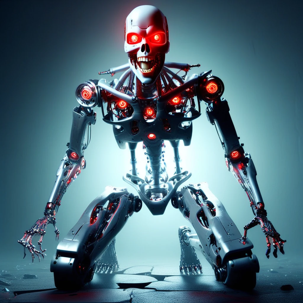 humanoid robot, on one knee, robot joints, full body, mechanical parts, solo, no humans, bald, glowing red eyes, looking away, skull nose, open mouth, teeth, mechanical arms, mechanical hands, open hands, mechanical fingers, mechanical legs, mechanical feet, horror (theme)