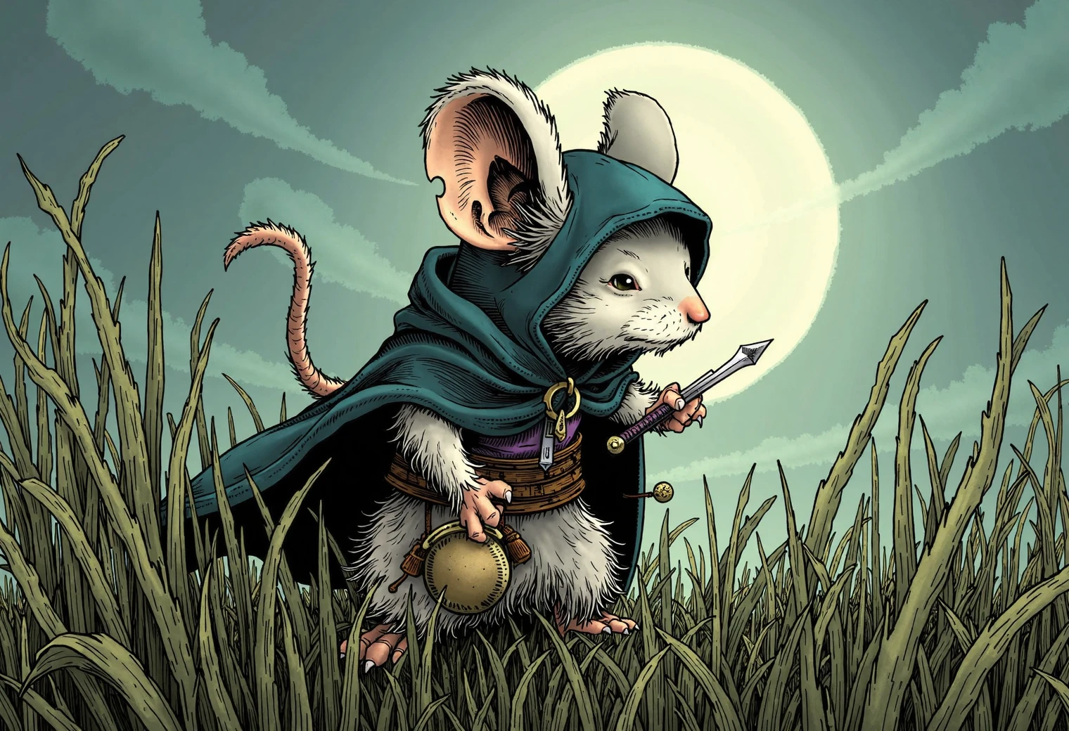 Storybook illustration style with fine line work, muted earthy tones, detailed textures, stylized characters, and soft atmospheric shading, a male white mouseguard mouse, wearing a rogue's dark cloak, sneaking through tall blades of grass in a moonlit field, with a needle-sized dagger and a thimble-sized coin pouch hanging from their side.
