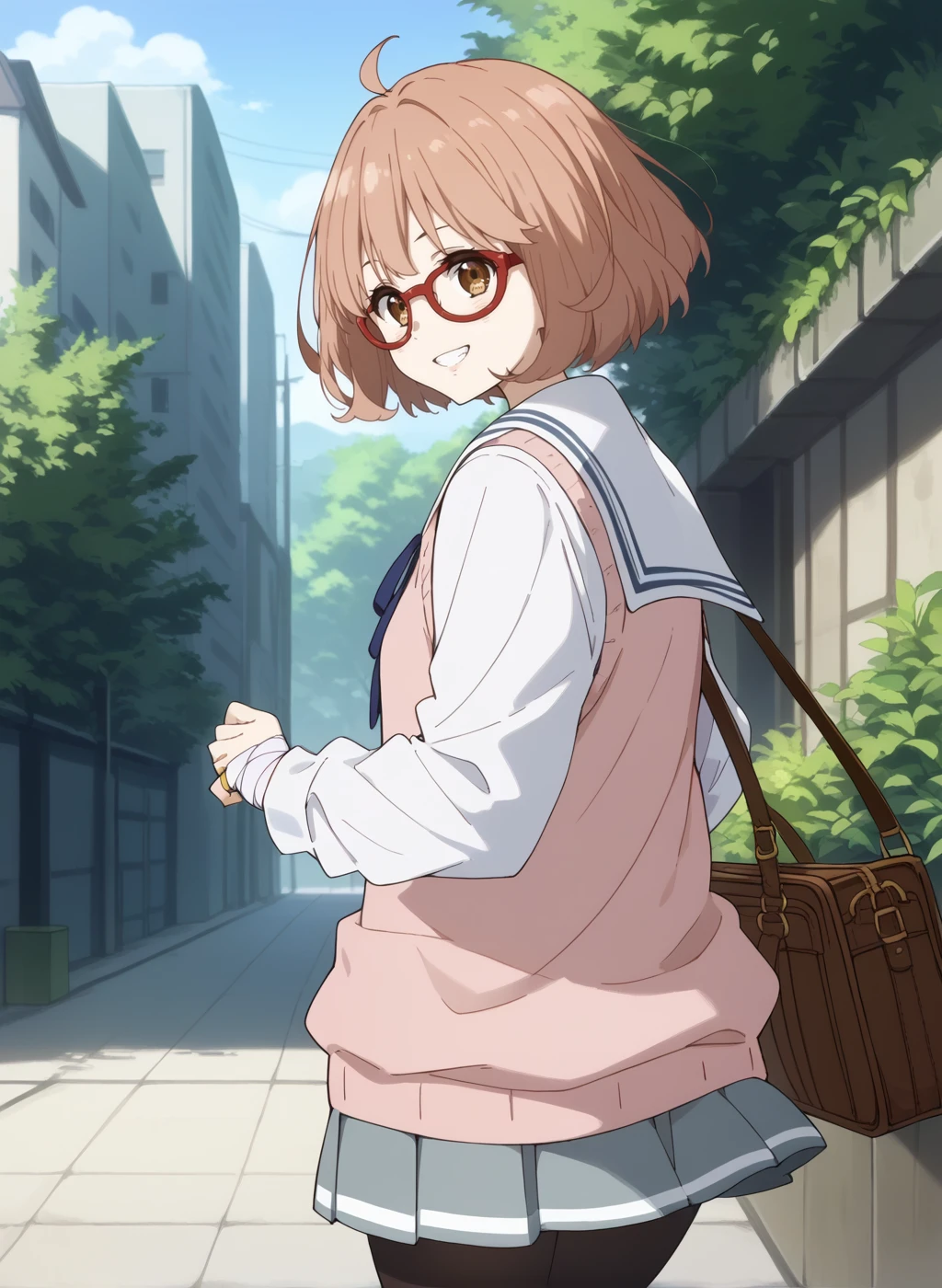 score_9,score_8_up,score_7_up,source_anime,anime,nsfw,rating_explicit,uncensored,High quality,Ultra detailed,best quality,insanely detailed,beautiful,masterpiece,perfect lighting BREAK
<lora:kuriyama_mirai_V1:1>,(kuriyama_mirai, brown hair, brown eyes, short hair, glasses, bob cut, ahoge,school uniform,long sleeves,black pantyhose,grey skirt,neck ribbon,pleated skirt,red-framed eyewear,ribbon,sailor collar,ring,serafuku,shoes,bandages,white shirt,sweater vest),1girl,solo,grin,looking_back,outdoors,looking_at_viewer,solo_focus,from_side,