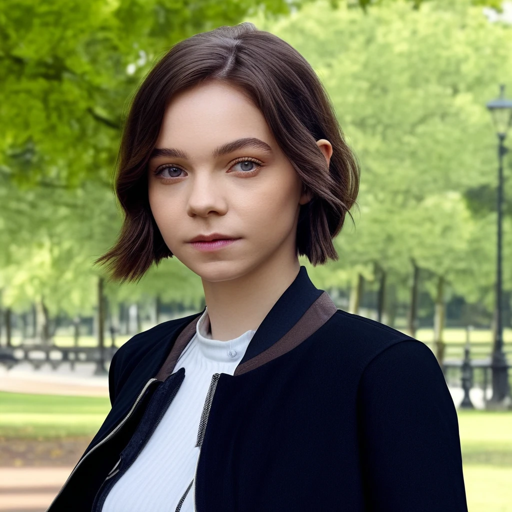 emma, (best quality, masterpiece:1.3), realistic, 1girl, solo, cute, beautiful, (looking at viewer:1.2), beautiful expression, (upper body:1.2), portrait, (straight on), outdoors, in the park, (closed mouth:1.3), white shirt with black jacket, short hair, brown hair, medium breast, detailed face, detailed eyes, detailed iris, lips, looks natural, highres