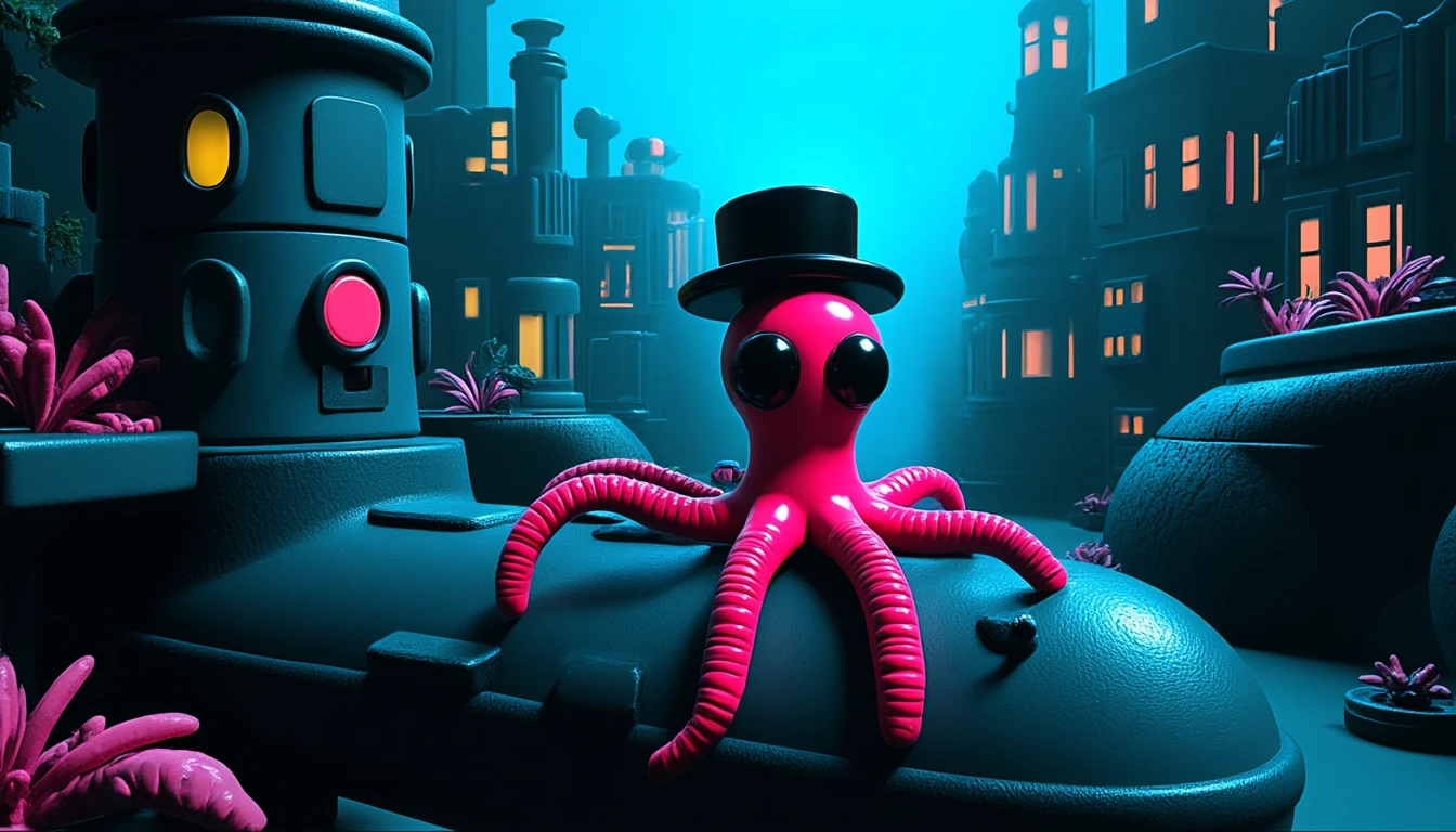 plastic3d style, steampunk octopus operating a vintage submarine in an underwater Victorian city