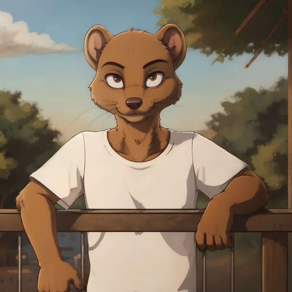 <lora:KaiBS:0.7>, KaiBS, mongoose, anthro, leaning over railing, looking at viewer, outside, white t-shirt, pov, smirk