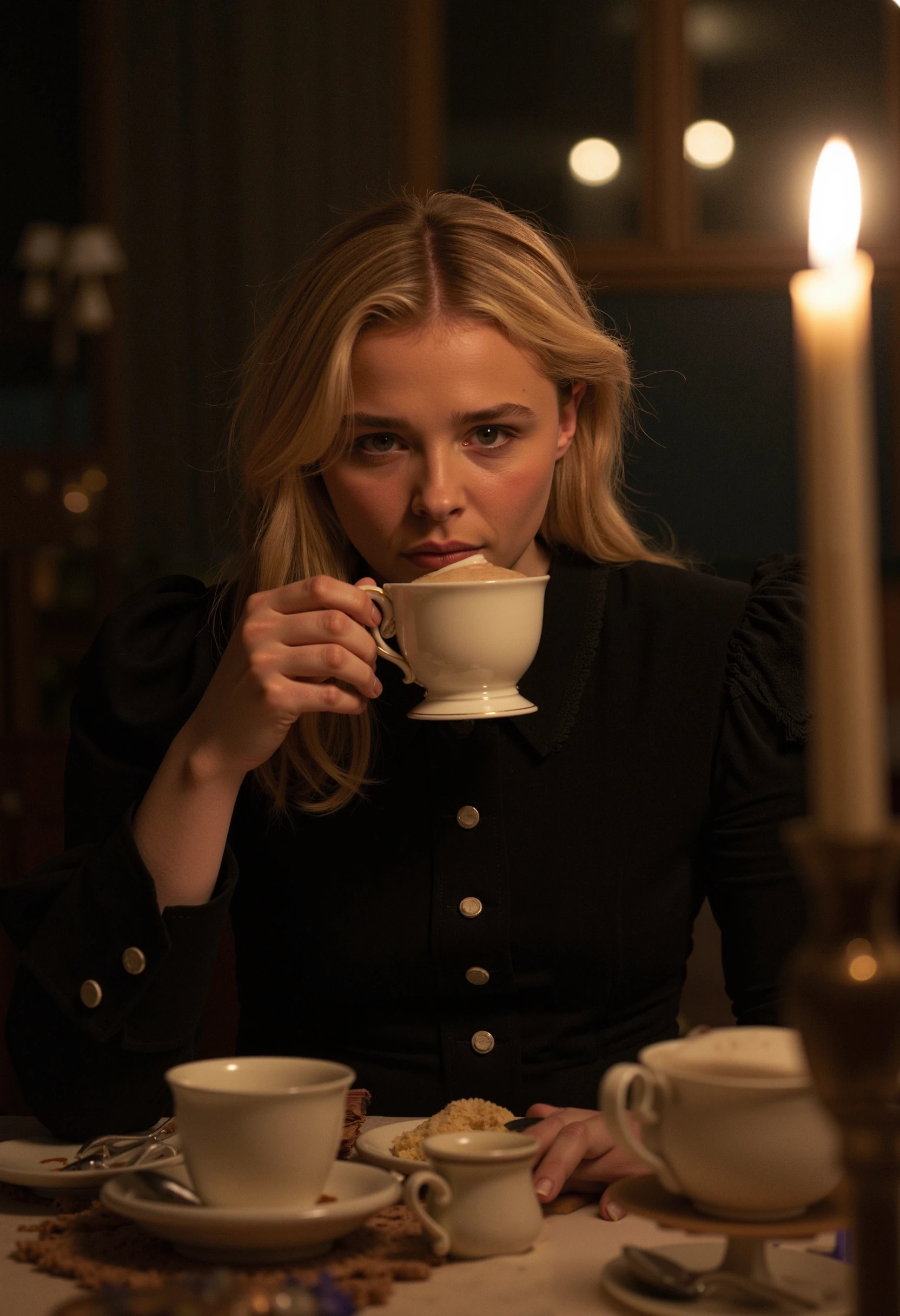 a victorian dining room, a young woman chloegracemoretz with blonde hair and black eyes, in dark victorian clothing, seated and drinking some tea with a pensive expression

