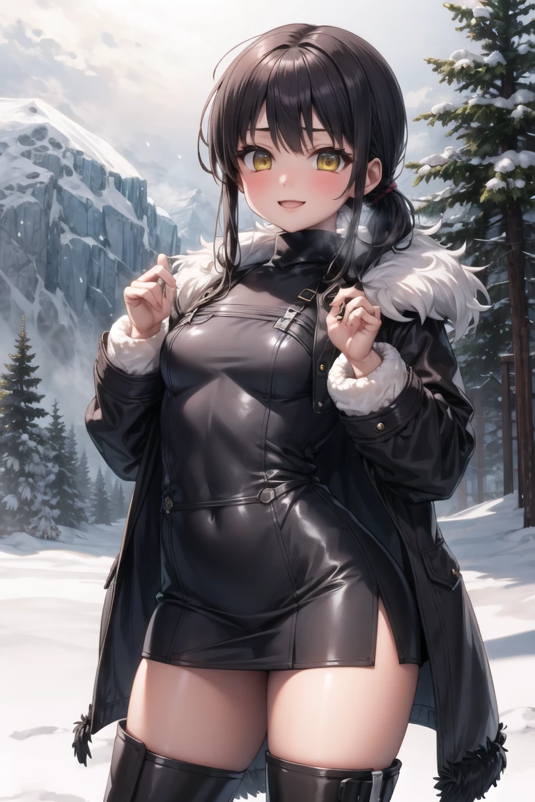 (masterpiece, best quality, beautiful and aesthetic:1.2), 1girl, solo,(soft skin:1.1),standing, cowboy shot,(detailed background), outside, snowstorm in the ice mountains, at dawn, winter clothes, (long overall coat:1.3), turtleneck sweater, (miniskirt:1.3), (long fur leggings:1.3),  (long leather boots:1.3), charming pose, seductive, smiling, yellow eyes, black hair, pony tail,
<lora:lambda-10:0.8:lbw=ALL>