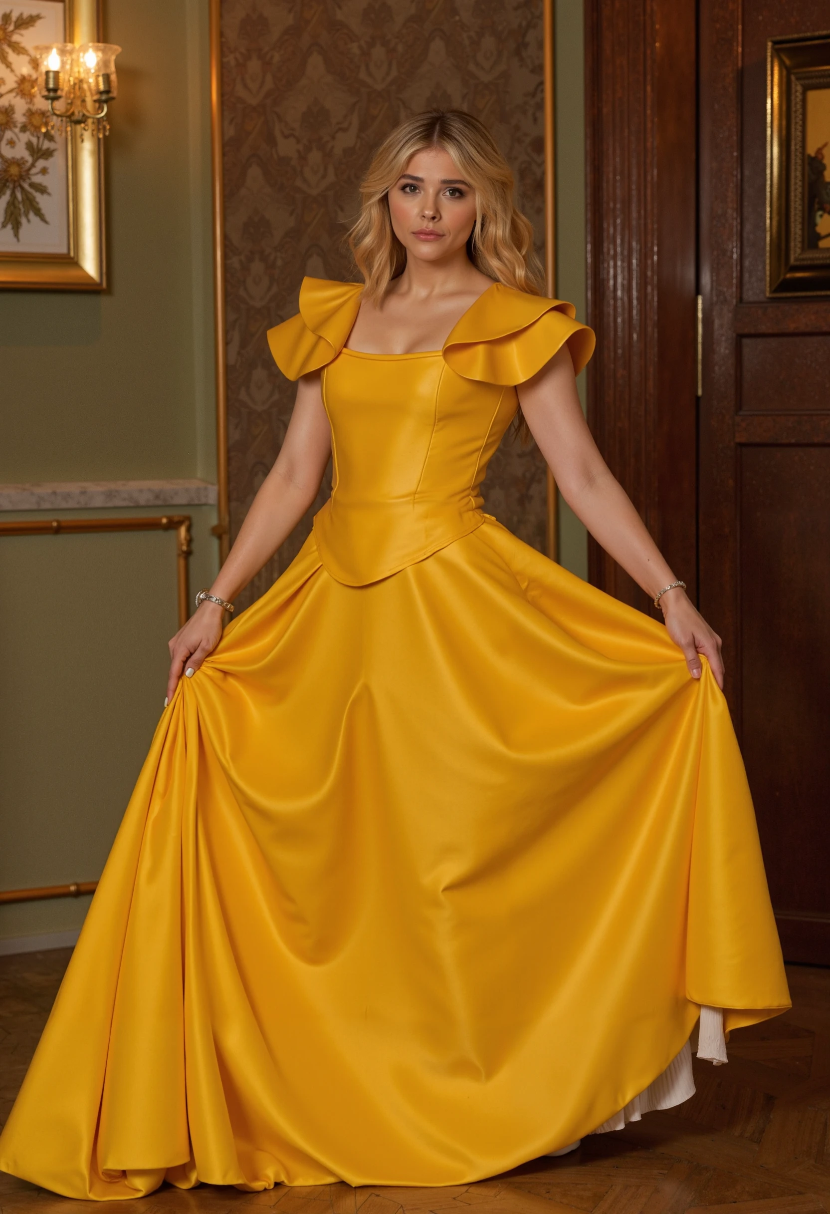 chloegracemoretz wearing the yellow dress from beauty and the beast