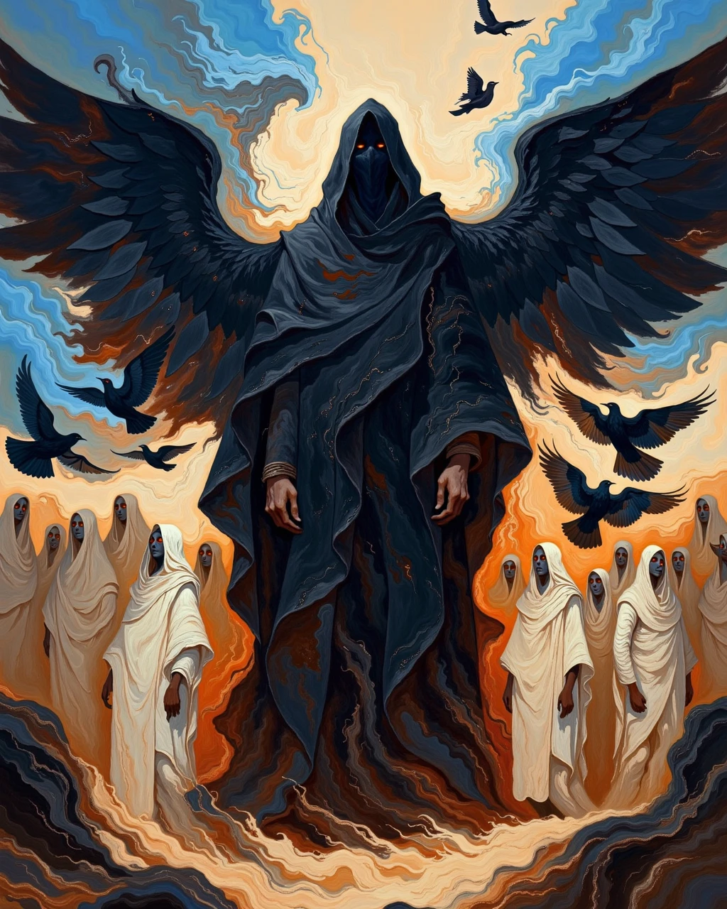 DB4RZ style painting, a Dark cloaked figure with wings in the center, there is a smaller white-robed figure to the left, several additional white figures on the right, dark birds flying around, background of swirling blue and orange hues