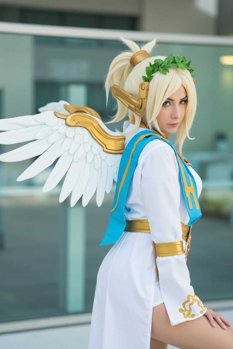 Winged Victory Mercy Cosplay in an office building. white and blue robe with gold accents, white feathered wings, green ivy