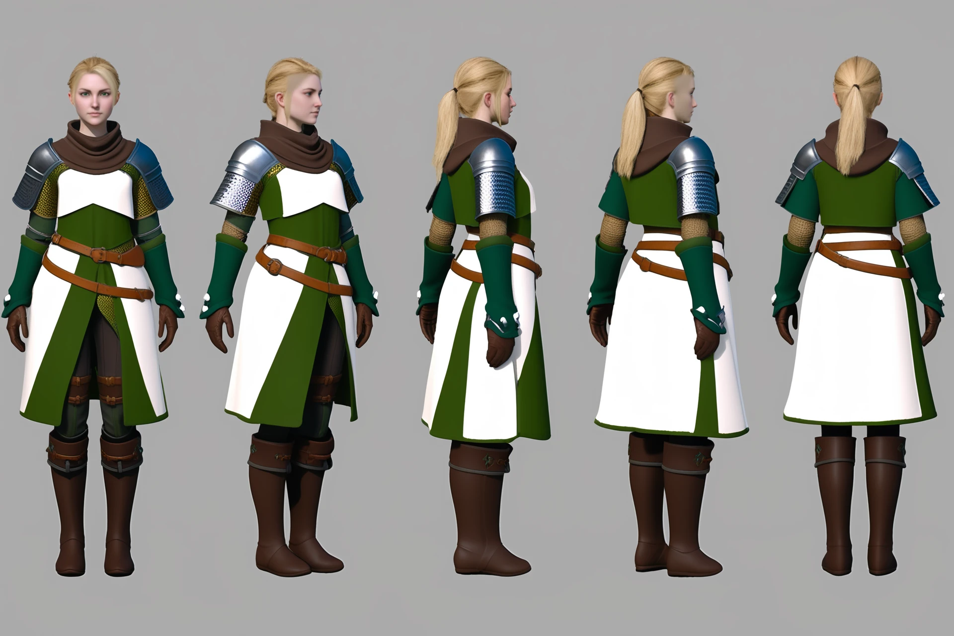 (VIEWS:0),  full body character turnaround of 1girl, Multiple views of the same character in the same outfit,  simple background, white background,
(theme:0),  medieval, fantasy, Dungeon And Dragon,
female character, medieval knight, armor, chainmail, full-body suit, blonde hair, ponytail, green and brown robes, leather belts, gloves, boots, shoulder armor, armband, fantasy, adventure,
<lora:bg3TurnXL_v1_pony:0.1>
<lora:Witcher3turn_v1_Pony:0.1>
<lora:medieval2turn_v1_Pony:0.1>
<lora:CharTurnXL_v4_Pony:0.1>
<lora:bg3TurnXL_v1:0.1>
<lora:Witcher3TurnXL_v1:0.6>
<lora:Medieval2TurnXL_v1:0.1>
<lora:CharTurnXLRetag_v4:0.1>