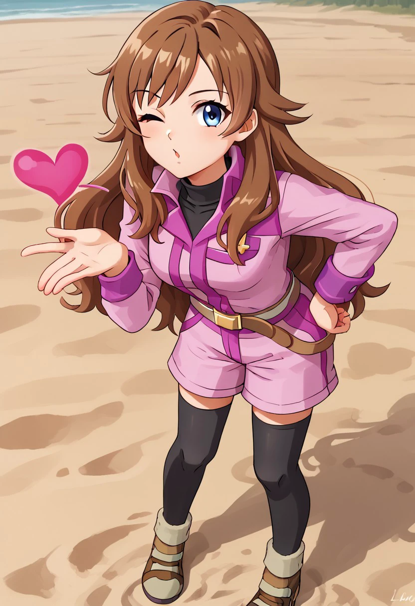 high quality, 1girl, solo, Liv Trainer, Brown Hair, Long Hair, Blue Eyes, black turtleneck, pink collar jacket, purple cuffs, pink mid rise denim shorts, red pouch, black thigh highs, brown strap shoes with sand ankle cuffs and black soles, pink and black belt, gold triangle belt buckle, leaning forward, blowing kiss, looking at viewer, hand on own thigh, ;O, one eye wink, hearts