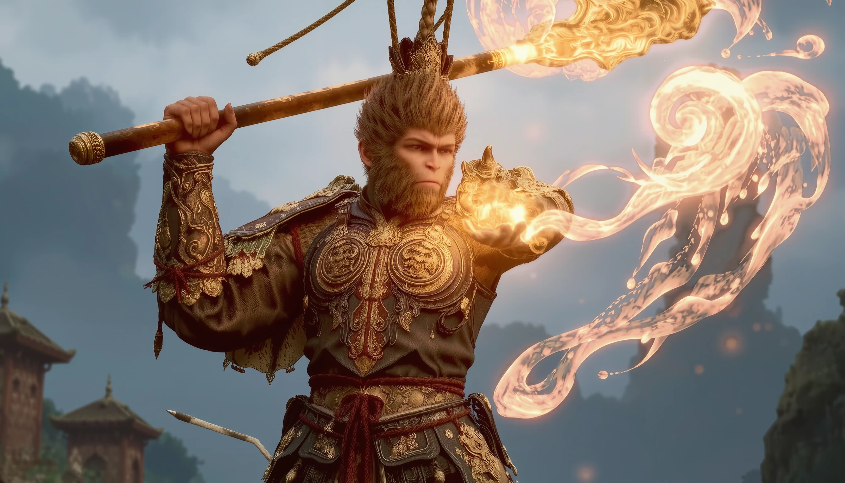 wukong ,A breathtaking cinematic wallpaper of Wukong, the Monkey King, in a dynamic pose. Ethereal golden light surrounds him as he wields his magical staff. Swirling clouds and energy patterns flow around him in vibrant hues. Hyper-detailed fur and armor textures. Epic scale landscape in the background with floating mountains and ancient Chinese architecture. Dramatic lighting and color palette inspired by Chinese mythology. Ultra-high resolution, photorealistic rendering with cinematic depth of field.