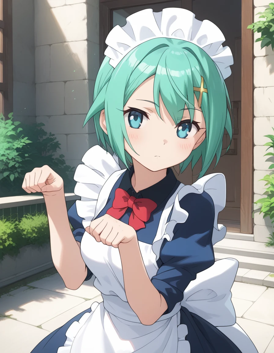 nine_violet, short hair, blue eyes, green hair, aqua eyes, medium breasts, aqua hair, hair ornament
maid headdress, maid, apron
<lora:nine_violet_pony_v1:1>, 
standing, dybamic pose
closed mouth, blush,expressionless
looking at viewer,(upper body,:1.3),
outdoors,, score_9, score_8_up, score_7_up, BREAK source_anime, best quality, masterpiece,very aesthetic, zPDXL2,official art,detailed_eyes,1girl, solo,