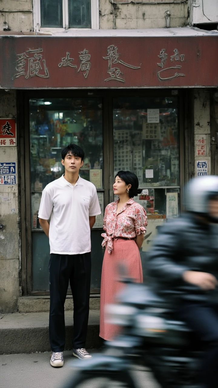 A man and a woman standing in front of a store with a motorcycle passing by.