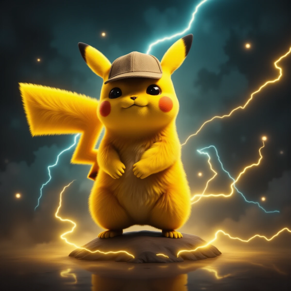 a realistic photo of pikachu is farting and makes lighting at the same time. People around are sick from the smell <lora:Pikachu:0.9>
