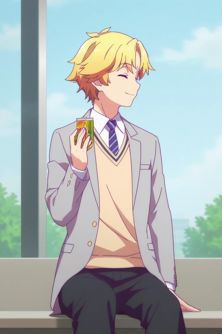 score_9, score_8_up, score_7_up, score_6_up, masterpiece, best quality, amazing quality, best aesthetic, absurdres, intricate details, yoshio ijuuin, blonde hair, purple eyes, 1boy, male focus, school uniform, solo, juice box, necktie, closed eyes, smile, jacket, blazer, sky