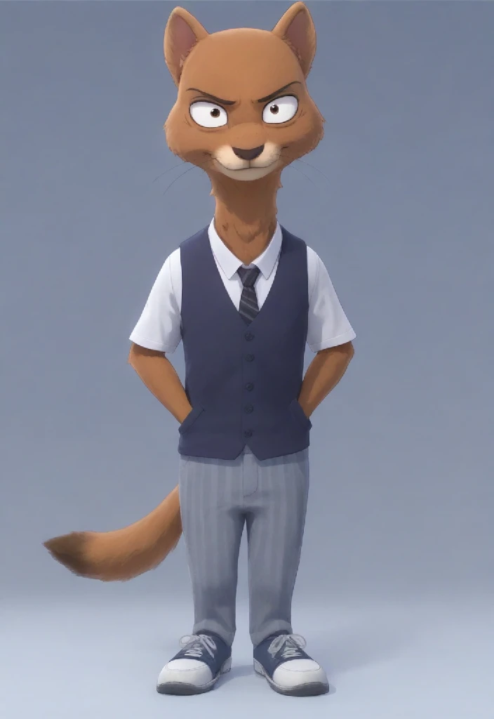 kaiBS, mongoose, anthro, pov, zootopia, 3d, white shirt, blue vest, tie, striped pants, smirk, looking at viewer, shoes, hands in pockets, tail, blue background, tail