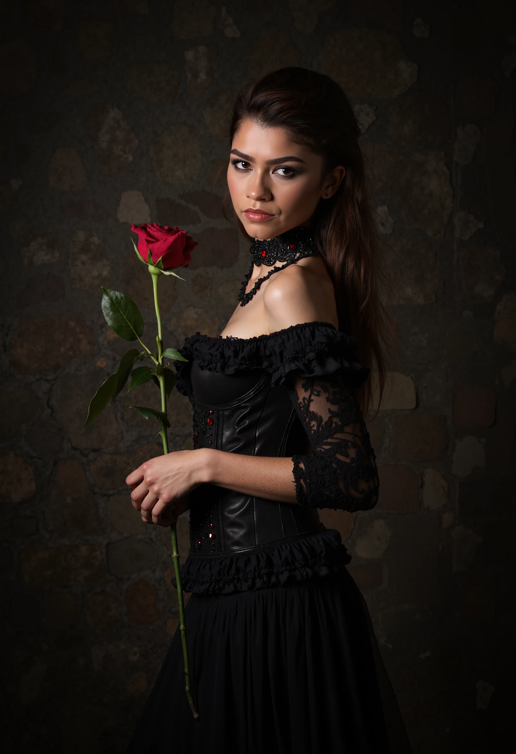 In this professional studio headshot, a young woman zendaya stands with a proud yet somber demeanor, illuminated by a hard studio light that casts sharp, defined shadows, emphasizing the high-quality, dramatic nature of the shot. The intense lighting brings out every detail of her elegant gothic attire, adding a striking contrast to the scene. Her long, dark brown hair flows down her back in soft, natural waves, slightly tousled, giving her an intriguing mix of strength and vulnerability. The hard light accentuates her striking features, with smokey eye makeup deepening the shadows around her expressive brown eyes, giving her a haunting, enigmatic gaze. She is dressed in a tight black corset top that cinches at her waist, accentuating her petite frame and standing out sharply against her pale skin. The intricate lace detailing on the corset is highlighted by the studio light, adding texture and sophistication to her gothic ensemble. Her skirt is long and flowing, composed of layered black fabric that drapes down to the floor, with the light capturing the depth and texture of the dark material. Around her neck, she wears a black choker necklace, intricately designed with red gemstones that glint under the studio light, adding a subtle yet vibrant touch to her otherwise dark attire. Her expression is serious and introspective, her eyes cast downward in a contemplative gaze, as if lost in thought. In her hands, she holds a single, velvety red rose, its delicate petals starkly contrasting with her gothic outfit. The rose, captured in the bright studio light, stands out as a vivid symbol of both beauty and fragility. The backdrop is a dark, richly textured stone wall, its surface sharply defined by the studio lighting. The hard light highlights the contours of the stone, creating pronounced shadows that add depth and intensity to the scene. The overall ambiance is dramatic and high-contrast, with the woman embodying a sense of haunting elegance and introspection
