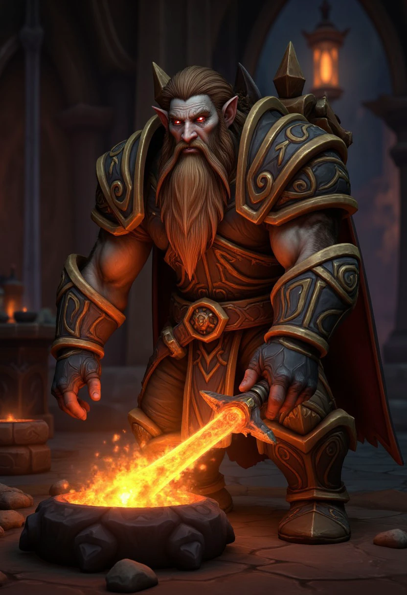 A stout dwarf knight in heavy armor forging a glowing sword in a dimly lit forge, surrounded by sparks and flames, world of warcraft