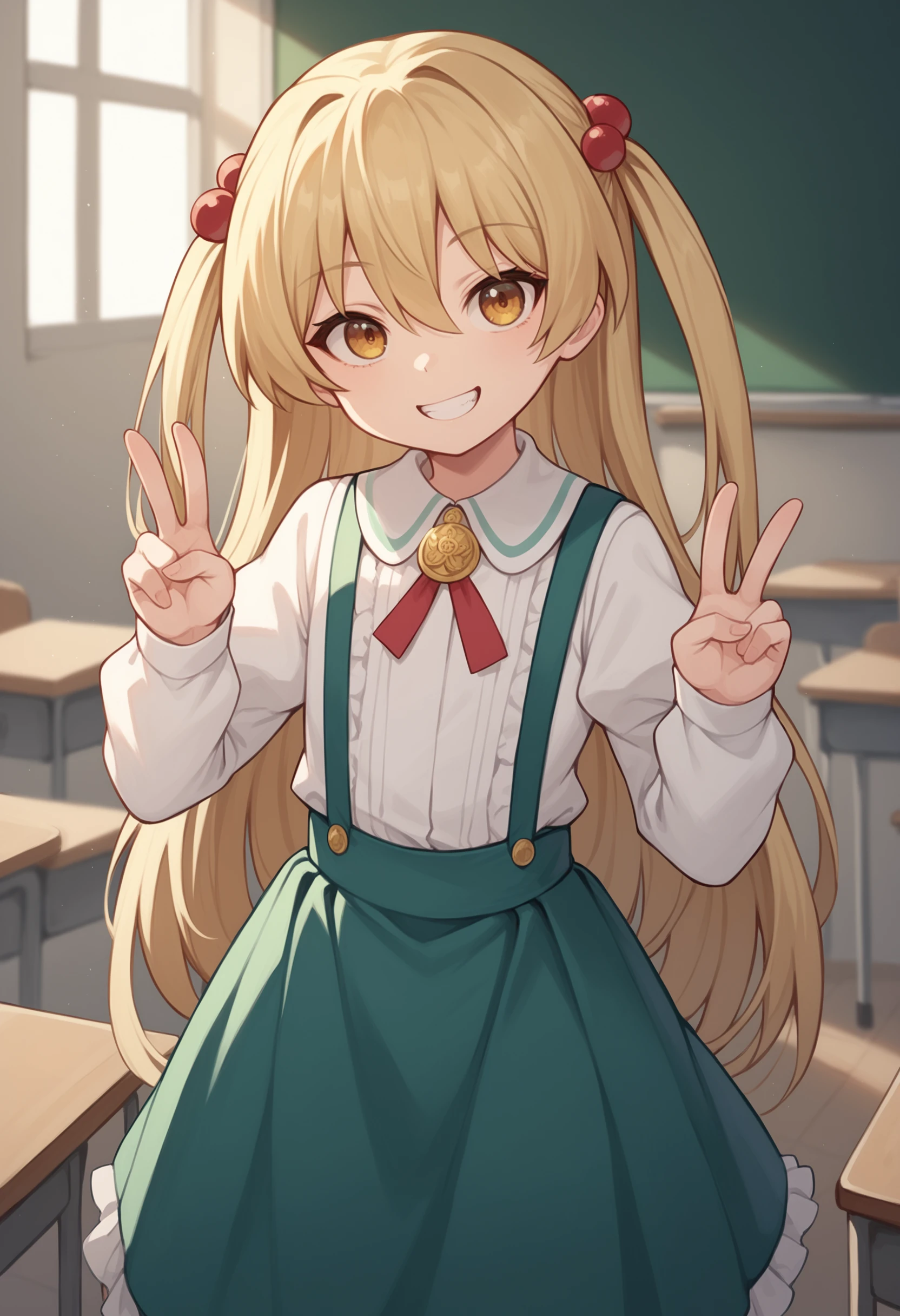 zPDXL2, score_9, score_8_up, score_7_up, classroom,
1girl, solo, <lora:HimekiPONY:1>, Himeki, child, blond hair, long hair, twin tail, golden eyes
school uniform, collared shirt, neck ribbon, gold brooch, suspender, green skirt, long sleeves, puffy sleeves, frills,
V sigh, looking at viewer, smile, teeth,