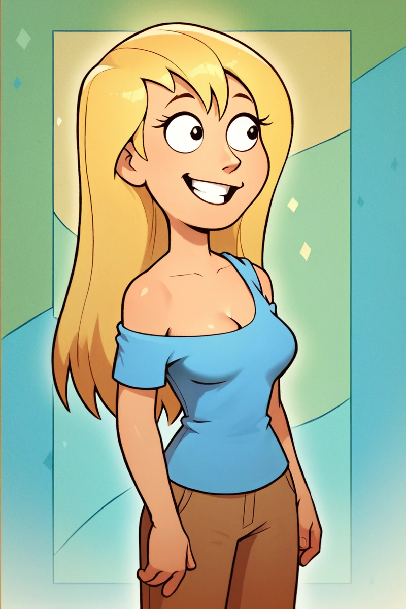 score_9, score_8_up, score_7_up, source_cartoon,
JillianRussell, 1girl, blonde hair, long hair, blue shirt, bare shoulder, cleavage, brown pants, solo,
happy, abstract background, masterpiece, best quality,
<lora:JillianRussell_PonyXL:0.6>