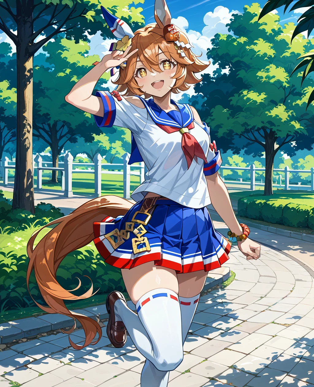 score_9,score_8_up,score_7_up,2D animation style,source_anime,anime screencap,rating_explicit,best quality,masterpiece,Japanese Anime Style,solo,smile,looking at viewer,simple background,white background,<lora:uma_matikanefukukitaru_ponyxl:0.9>,matikanefukukitaru (umamusume),orange hair,short hair,yellow eyes,cross pupils,+_+,horse ears,single ear cover,horse tail,horse girl,school uniform,serafuku,blue sailor collar,clothing cutout,(shoulder cutout),short sleeves,white shirt,red neckerchief,bead bracelet,blue skirt,pleated skirt,ema,ribbon-trimmed legwear,white thighhighs,brown footwear,smug,open mouth,outdoor,park,field,arm up,hands up,(cowboy shot),