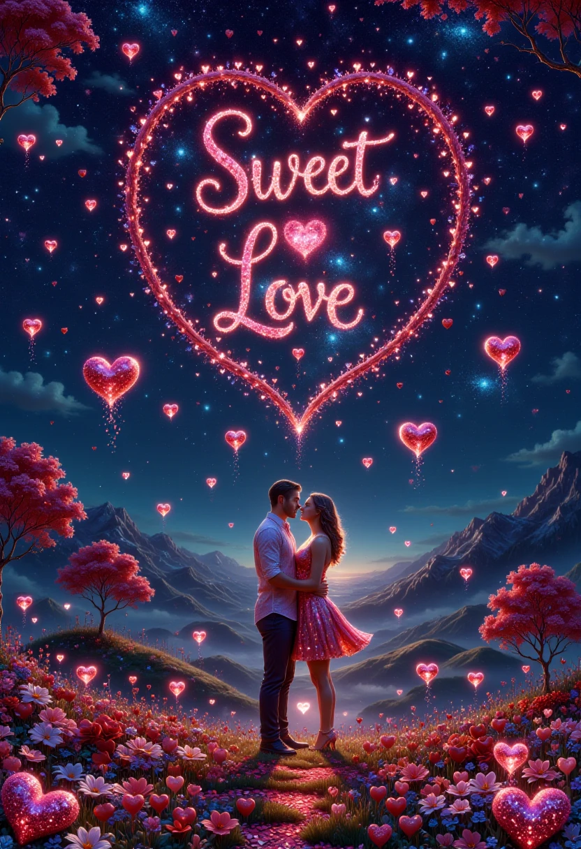 sweetlove, hearts, glitters,text ("Sweet Love":1.1),A romantic scene with glittery hearts floating around a couple under a starry night, with the text "Sweet Love" elegantly displayed