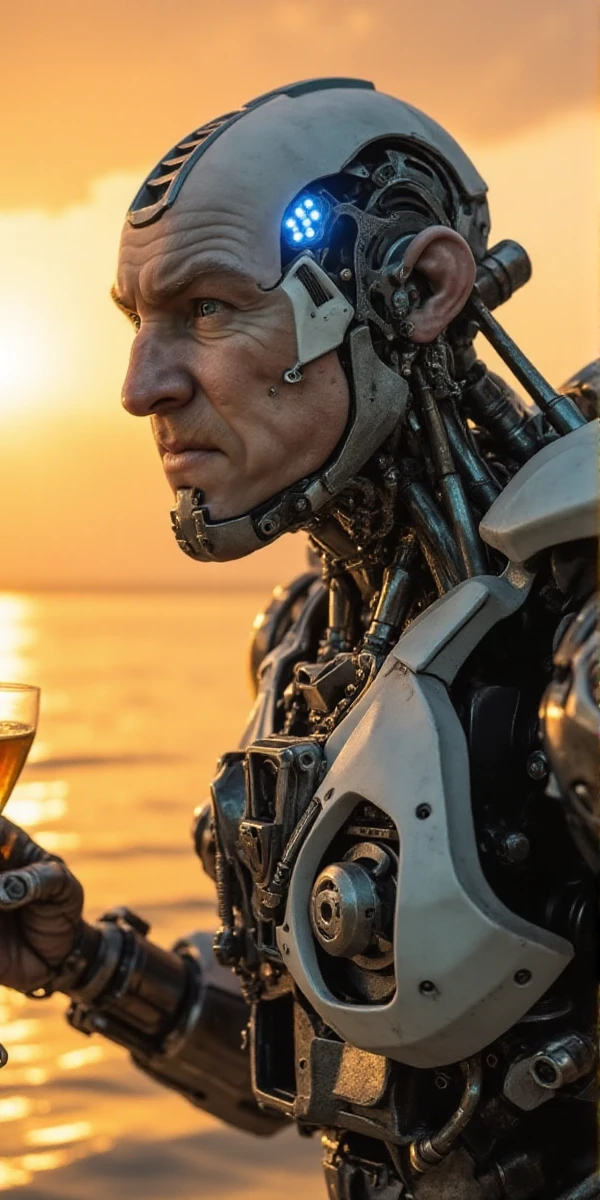 Grewishka, a giant bald science fiction robot with a white man face and blue eyes, is having a cocktail on the beach by sunset   <lora:Grewishka:1>