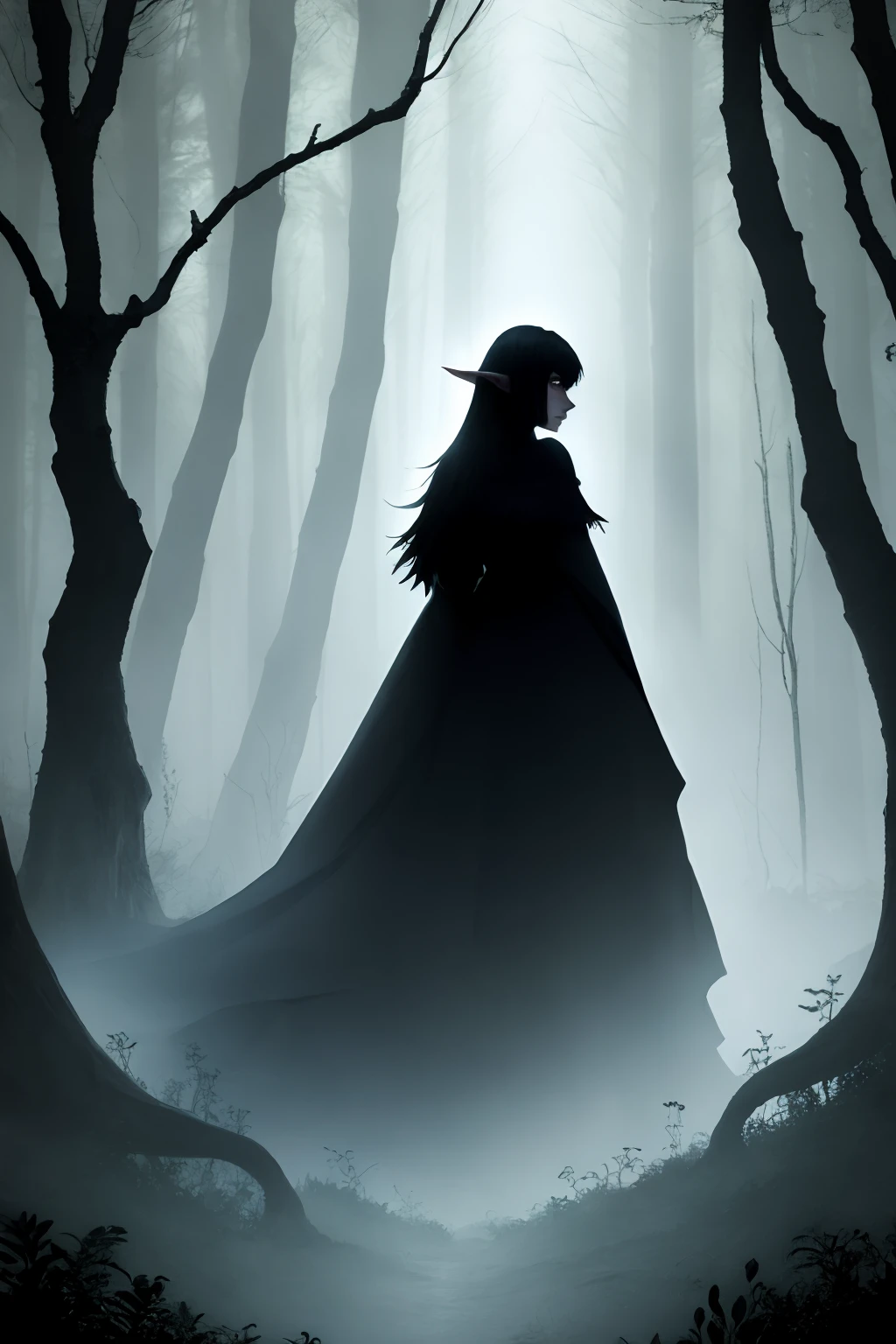 dark forest, mysterious silhoutte forest elf woman